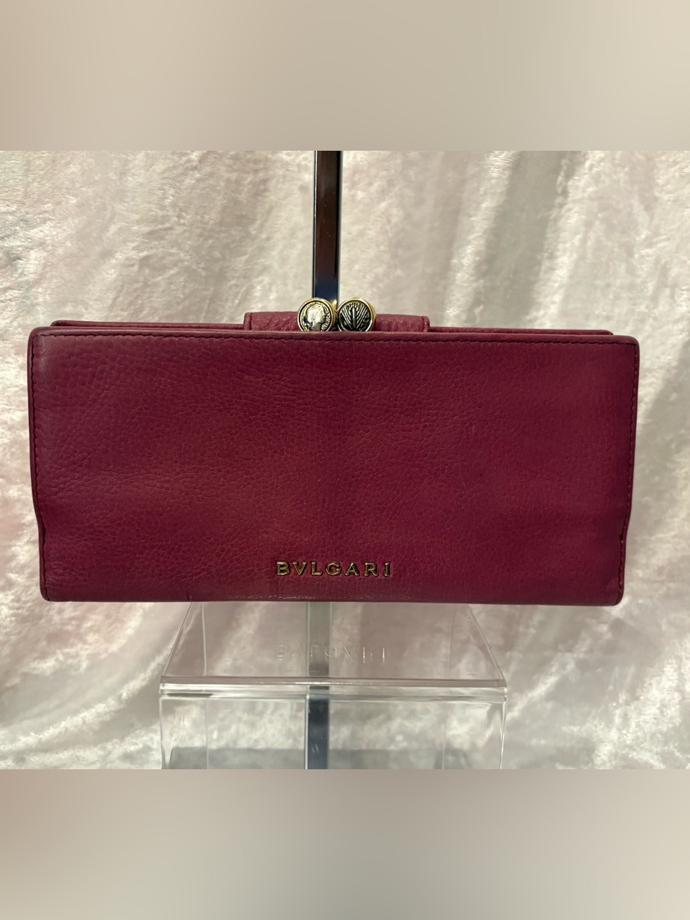 BVLGARI Monete Goatskin Kisslock Long Wallet Mauve/Purple Vintage COA